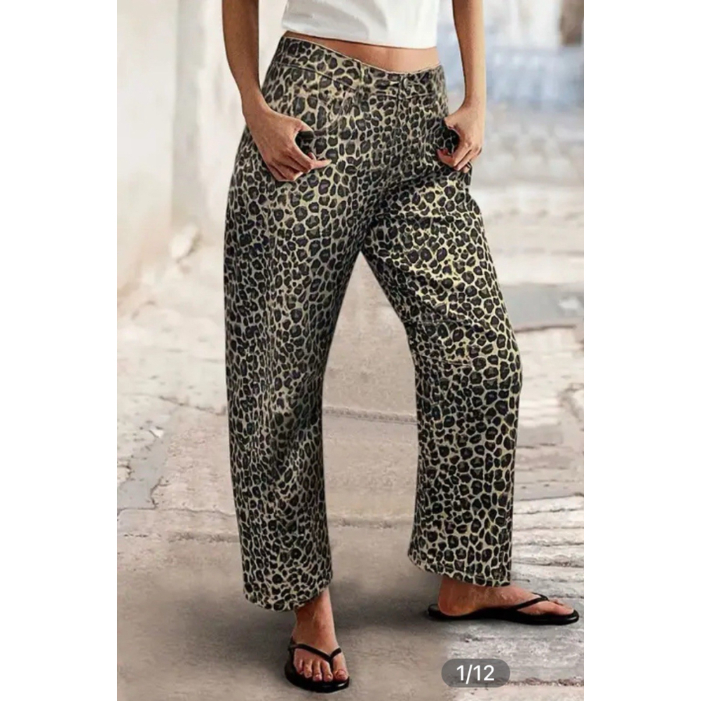 Y2K Leopard Print Seam Detail Mid Rise Barrel Leg Pants FLAMINGALS L - Picture 2 of 11